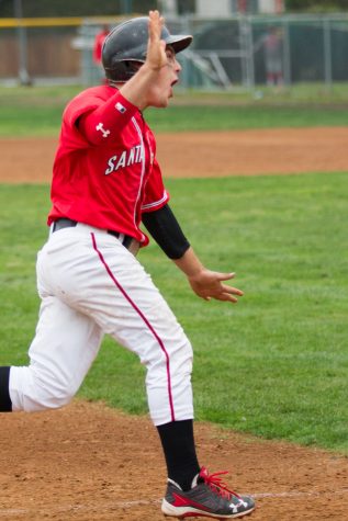 Vaqueros infielder Shane Hersh runs to home after teammate John Jensen hits a home run against Los Angeles Pierc College at Pershing Park in Santa Barbara, on Saturday, Feb. 10. City College had just taken the lead 9-7 in the 7th inning.