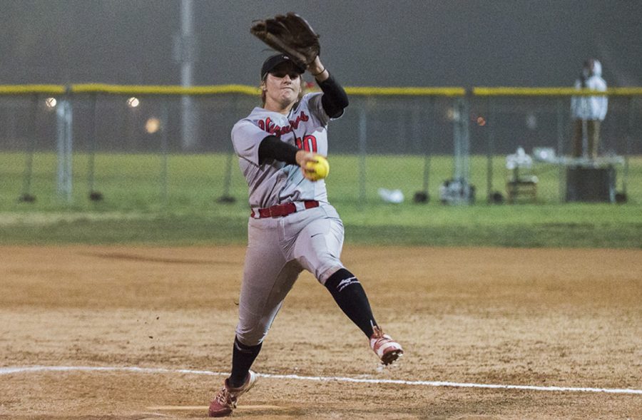 Calista Wendell pitched a complete game shutout, allowing only 2 hits against Orange Coast College on Friday, Feb. 9 at Pershing park in Santa Barbara. Wendell had a no-hitter going into the 5th inning.