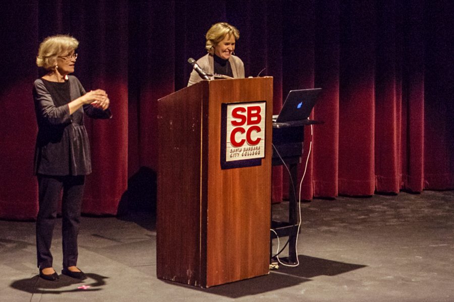 Anne Redding (right) presents the 39th annual faculty lecture titled ‘Crime Across the Curriculum’ in the Garvin Theatre at Santa Barbara City College on Wednesday, March 21. The lecture was free admission and focused on crime in the country