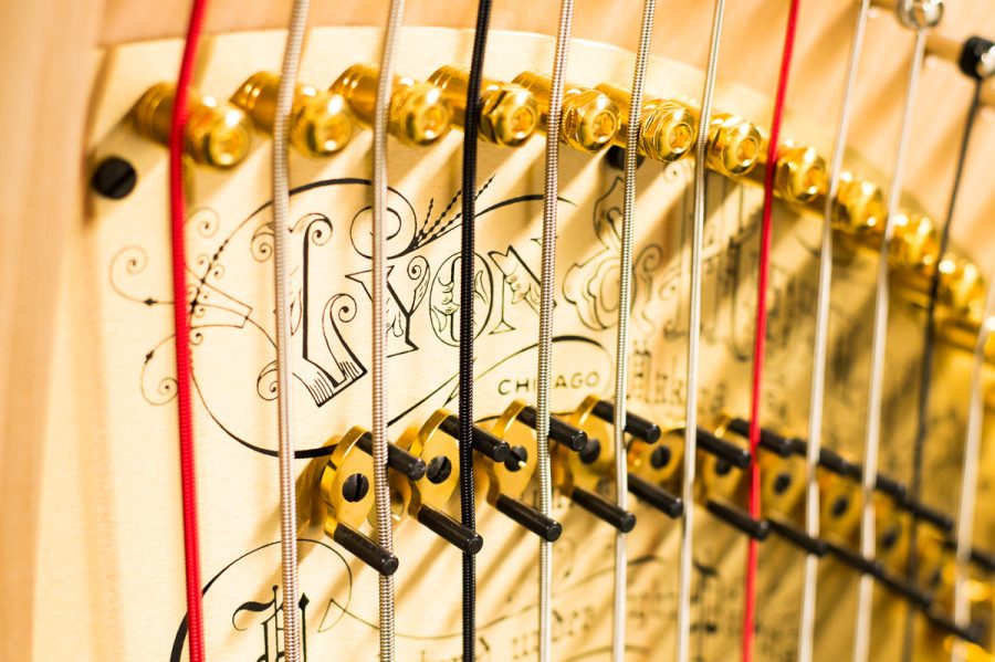 Strings of Santa Barbara City College’s new harp on March 9, in Santa Barbara. “You can make a hundred pianos and guitars and they’ll all be the same but harp’s are all different and they all have a different feeling.” said Ginger Bucker about the $25,000 pedal harp.