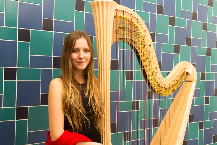 Santa Barbara City College’s new harp, acquired in November of 2017, is played by student harpist Ginger Brucker outside the Garvin Theater, in Santa Barbara. The $25,000 pedal harp will appear in a symphony on May 6 at the Garvin Theater.