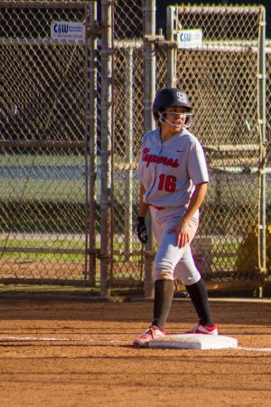 Jasmine Manson, Santa Barbara City College outfielder, at first base after getting a hit. Manson had two out of the six hits for the Vaqueros against the Cuesta College Cougars on Tuesday, March 6, at Pershing Park. 