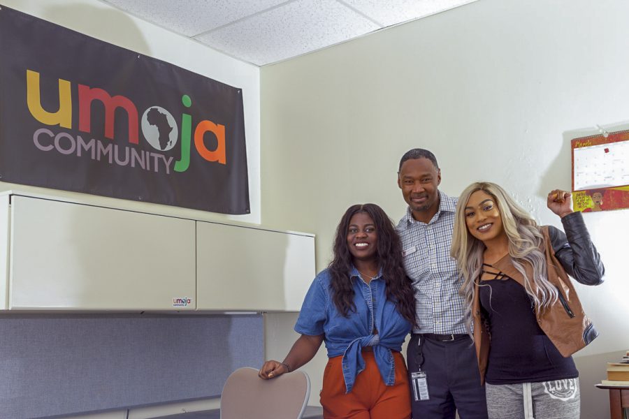 (From left) Saturne Tchabong, Dr. Christopher Johnson, and Krystle Farmer stand in the Umoja office on March 22, in the Campus Center at Santa Barbara City College. Umoja, which translates to unity, is a program dedicated to enhancing the cultural and educational experience of black students.