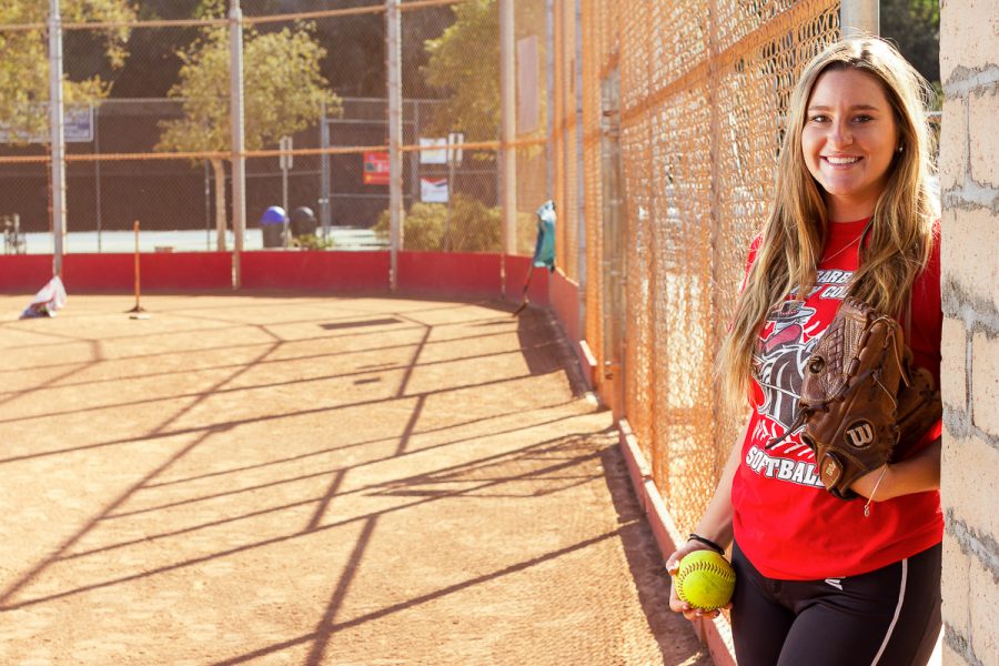 Calista Wendell, Vaquero softball pitcher, on Tuesday, Feb. 27, at Pershing Park in Santa Barbara. Wendell is a sophomore from San Diego, who has pitched 51 innings this season with 40 strikeouts.