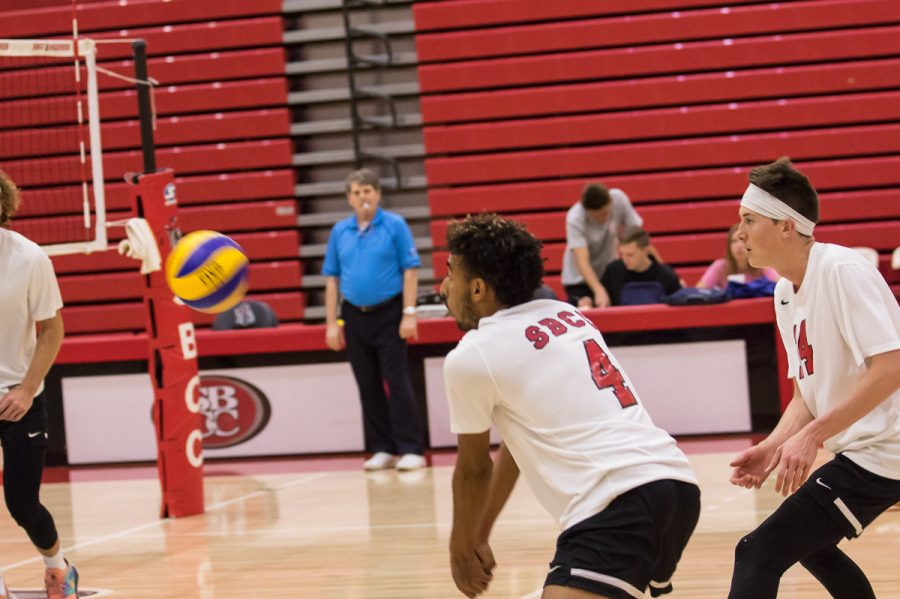 Haward Gomes, City College Vaquero outside hitter, bumps the ball in a match against Grossmont College, on Saturday, March 10, at the Sports Pavilion. The Vaqueros defeated Grossmont in the third set.