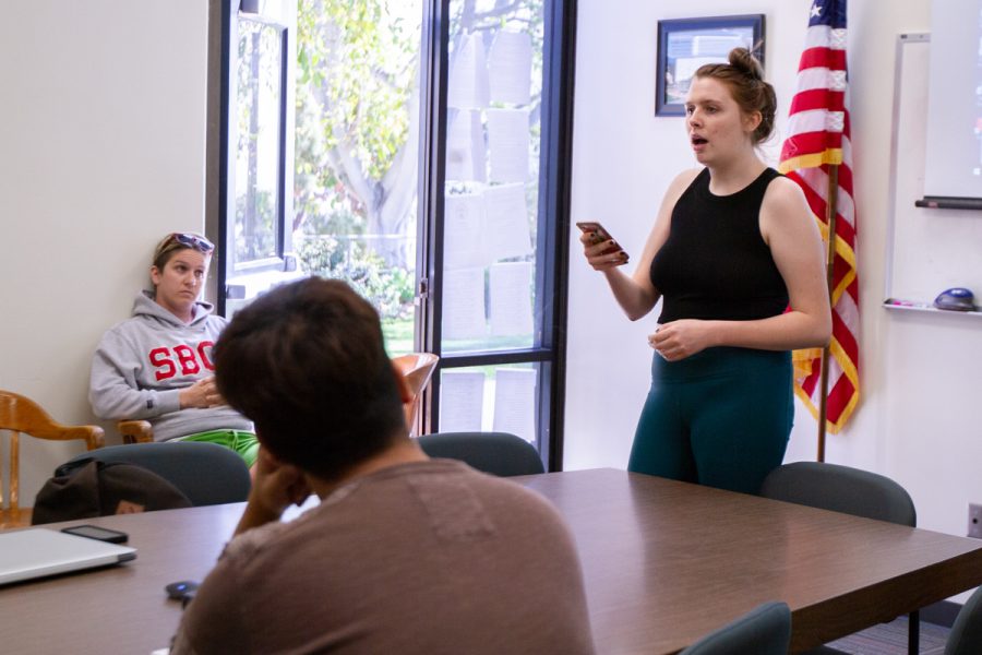 Melissa Cook speaks during an Associated Student Government meeting in Campus Center Room 217 on Friday, April 13. “We have been misinformed throughout the way because of the silence from the administration.”