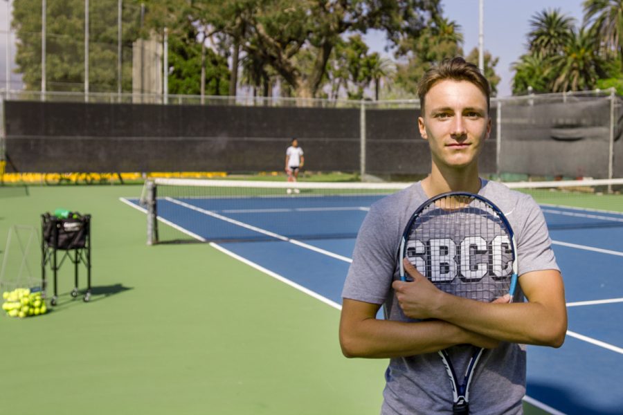 Guillaume Daurelle, a freshman tennis player for Santa Barbara City College, after a practice session at the Pershing Park tennis courts in Santa Barbara, on Tuesday, April 3. Daurelle has been playing tennis since the age of six with the help of his father.
