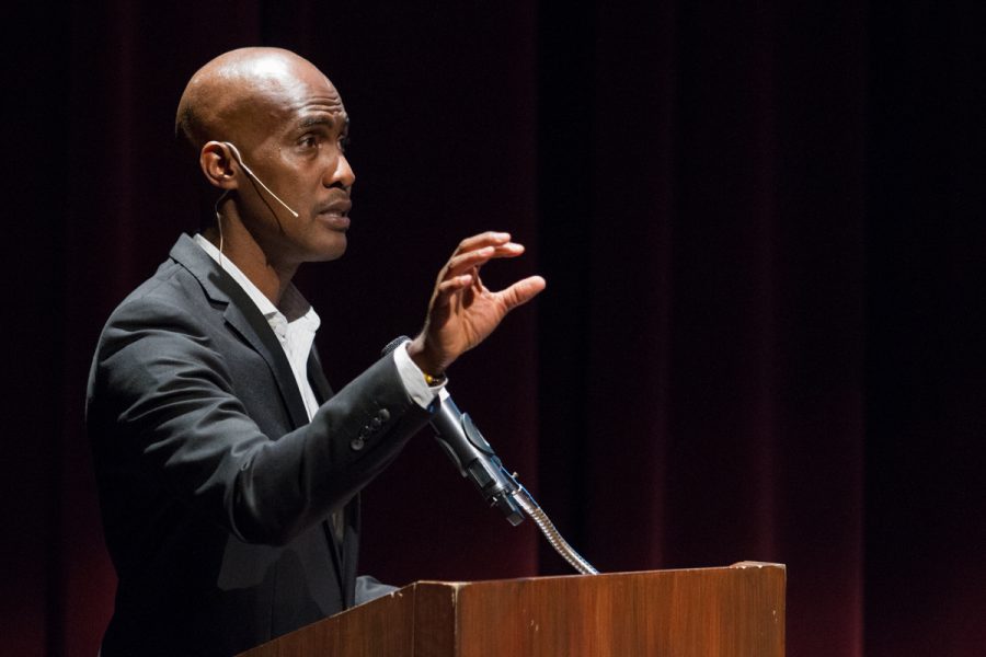 Tyrone Howard during his presentation ‘What Does Equity Look Like? Creating Access For All Students,’ at the Garvin Theatre, on Wednesday, April 25. Howard talked about race, the difference between equity and equality, and how the school systems affect students.