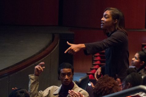 Krystle Farmer speaks out at the end of Tyrone Howard’s presentation ‘What Does Equity Look Like? Creating Access For All Students’ at the Garvin Theatre at Santa Barbara City College on Wednesday, April 25.