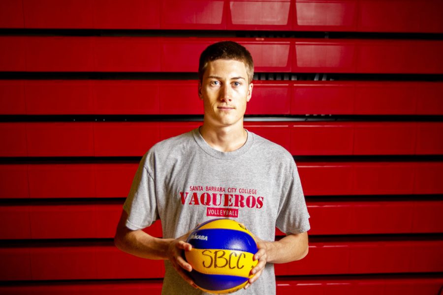 Kyle Skinner on Thursday, April 12, 2018 at the Sports Pavillion at Santa Barbara City College. Skinner is a sophomore at City College and plays as an outside hitter for the Vaqueros. He plans to continue his volleyball career at Ohio State University.