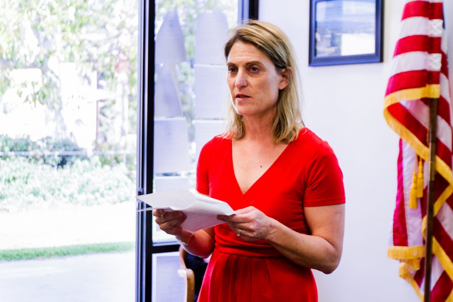 Danielle Swiontek speaks to the Board of Trustees on Thursday, April 12, 2018 at Santa Barbara City College in Santa Barbara, Calif. Swiontek is the chair of the History department at City College.