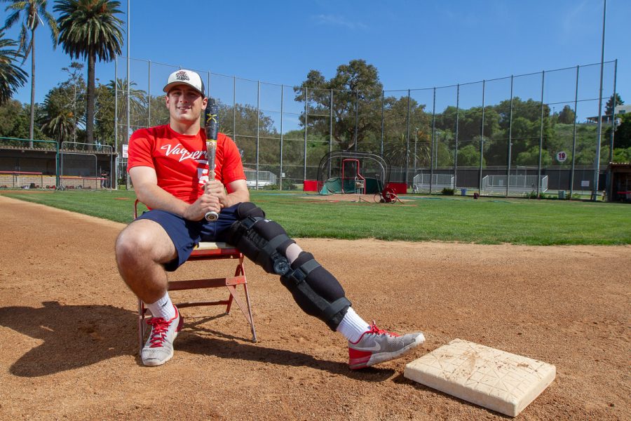 Vaquero infielder, Shane Hersh at Pershing Park on Wednesday, April 18, in Santa Barbara. Hersh recently suffered an injury at 2nd base, ending his sophomore season.