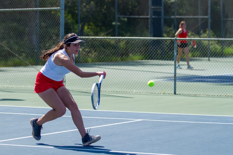 Josephine Pulver, Santa Barbara City College Vaquero, defeated Sophia Castillo, Bakersfield College Renegade, in two sets on Tuesday at Santa Barbara City College. The Vaqueros placed second in the Western State Conference at the end of the season.