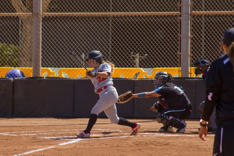Sloane Greeley got the Vaqueros on the board with a hit at base that got Janet Salas a run to home in the game against the Moorpark Raiders on Thursday, April 12, at Pershing Park, in Santa Barbara. The Raiders were up by four early in the game, but the Vaqueros came back to win 6-4.