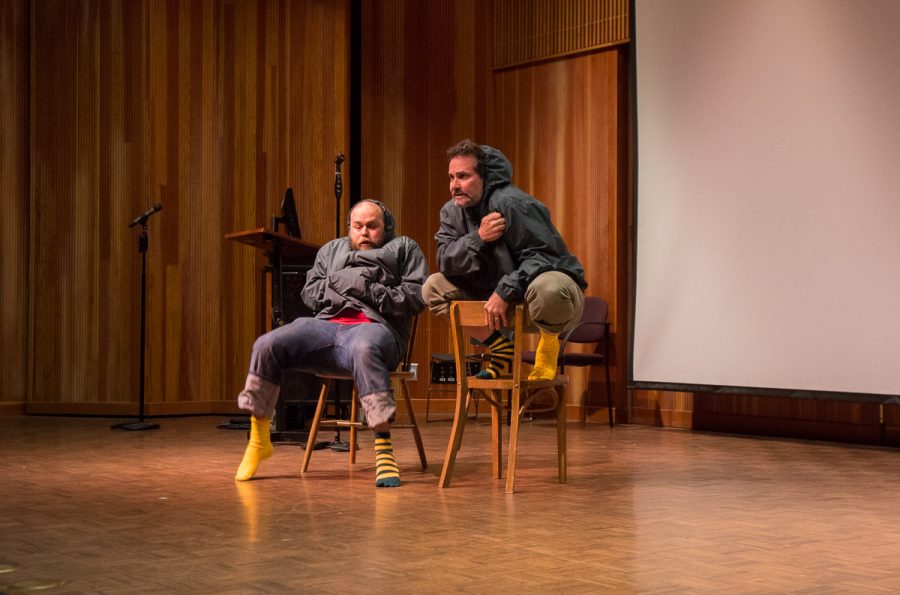 Tyler X. Koontz and Justin Davanzo perform a short play called “Frogs at the Fe Bland Forum on Saturday, April 28, for the eighth annual Art Career Day Conference.