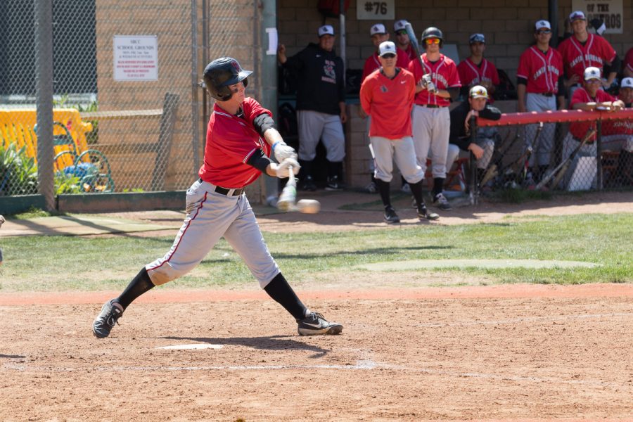 Patrick+Caulfield+earns+the+Vaqueros+three+home+runs+in+their+game+against+Oxnard+College+at+on+Saturday%2C+April+14%2C+at+Pershing+Park.+The+Vaqueros+beat+the+Oxnard+College+Condors+11-2+in+the+ninth+inning.