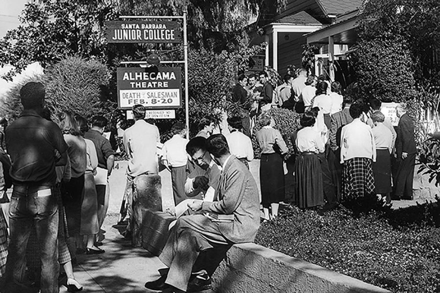 Students registering for classes at the original site of the college on Santa Barbara St. in downtown Santa Barbara during the early 1950s.