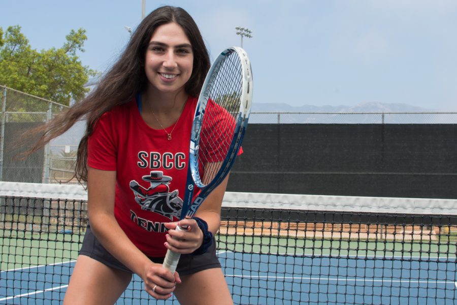 Josephine Pulver, a stand-out player for the women’s tennis team, on Monday, May 7, on the Pershing Park tennis courts in Santa Barbara. “I love the intensity of tennis and the strategy behind what goes into a great shot,” said Pulver.