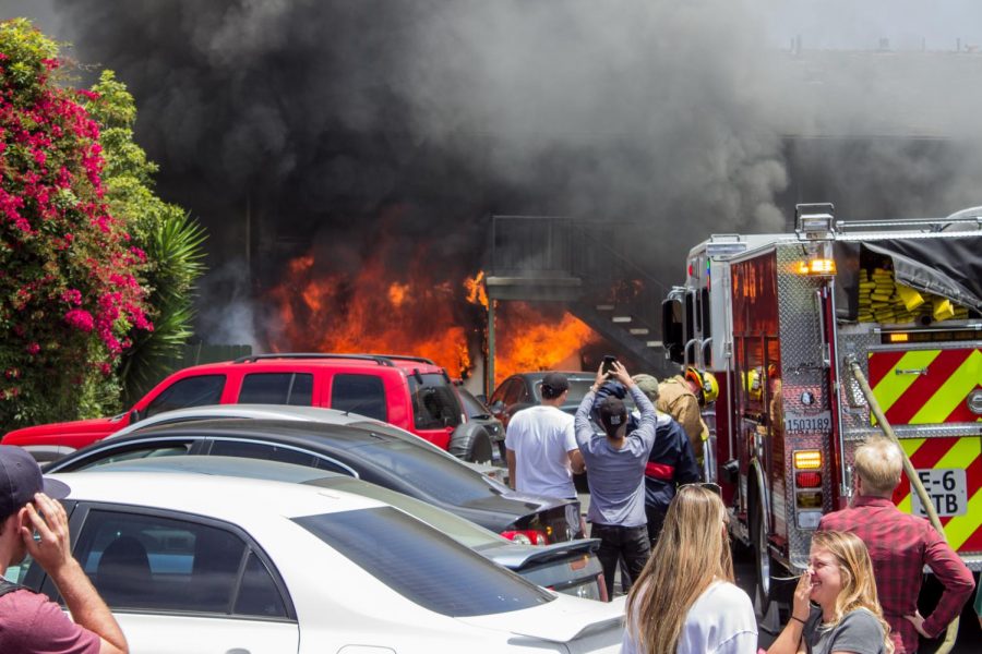 The Santa Barbara Fire Department battles an apartment fire at the Buena Vista apartment complex on Cliff Drive on Wednesday, May 9.