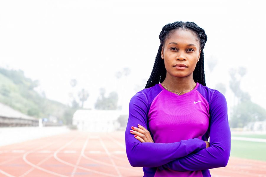 Vaquero Marie Kimumba on Tuesday, May 8, at La Playa Stadium, at Santa Barbara City College, in Santa Barbara. Kimumba is a sprinter and hurdler for the Vaqueros who is competing for the first time this year.