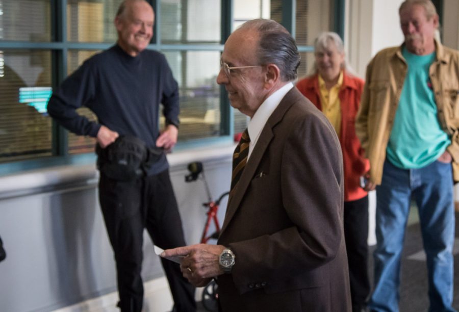 Alfonso Vera-Graziano, a former accounting student of John O’Dea provided a Thank You speech, on Monday, May 7, 2018, in the Business- Communication Center, at CIty College, in Santa Barbara, (Calif). O’Dea celebrates turning 95 years old, during the plaque ceremony.