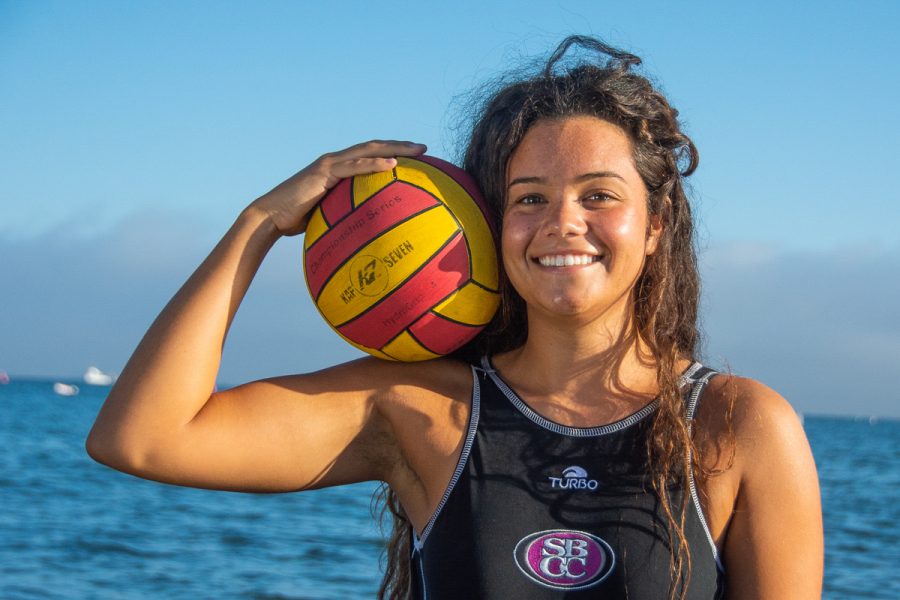 Nicole Poulos, the sophomore goalie for the Lady Vaqueros water polo team, competes in her second year for City College at the San Marcos High School pool in Santa Barbara Calif., on Sunday, Sept. 23, 2018. Poulos is from Carpinteria, making her the only Vaquero from Santa Barbara County.