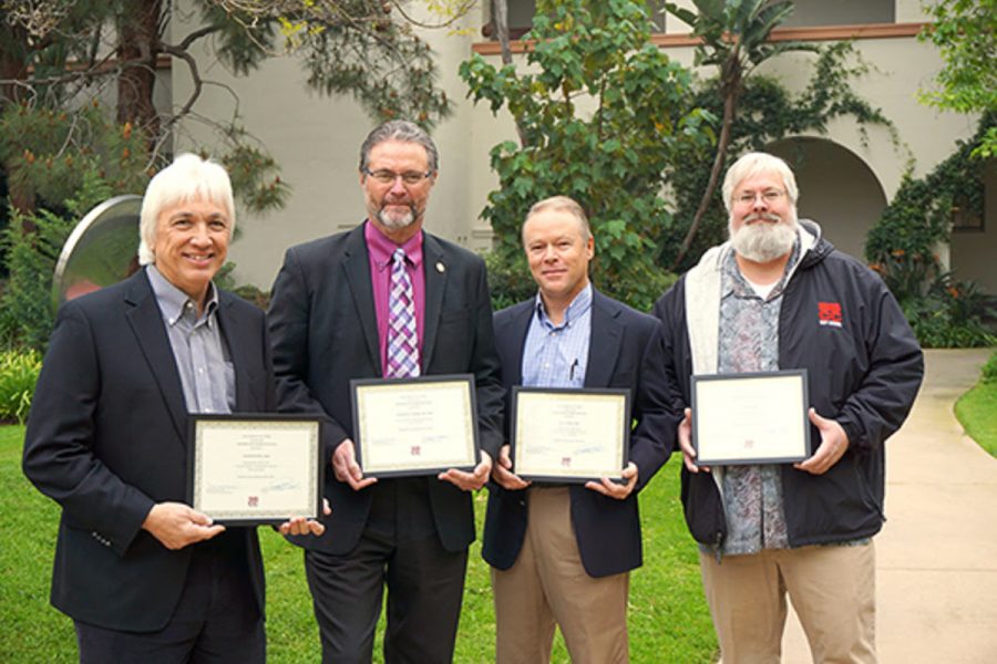 SBCC Superintendent/President Dr. Anthony E. Beebe (middle left) was named 2018 Outstanding Administrator of the Year at the Board of Trustees meeting on March 22. Honorable mentions included, from left to right, IT Director Dr. David Wong, Dean of Health/Human Services and Career Technology Dr. Alan Price, and IT User Services and Security Director Jim Clark. Nominations for the award were submitted by SBCC faculty and staff. Courtesy of Luz Reyes-Martin.