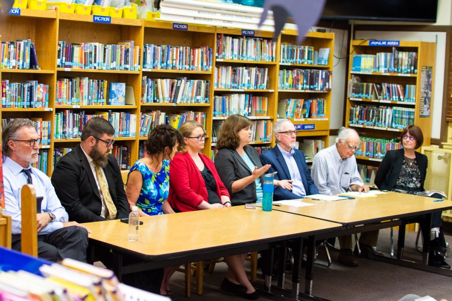 From left, candidates Daniel Seymour, Brandon T. Morse, Laurie Punches, Darcel Elliott, Kate Parker, Robert K. Miller, moderator John Kay, and Marsha Croninger debate at a public forum on Monday, Oct. 29, 2018, at McKinley Elementary School in Santa Barbara, Calif. Morse and Miller are campaigning for the seat representing District two, Elliott and Croninger are campaigning for the seat representing District five, and Parker, Punches, and Seymour are campaigning for the seat representing District seven.