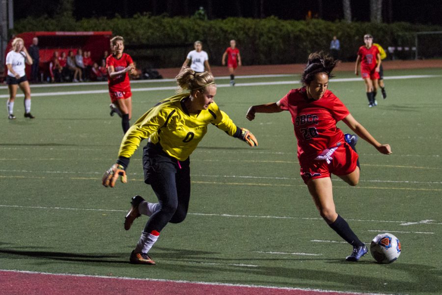 Alejandra+Alvarez+%28No.+20%29+of+the+Lady+Vaqueros+attempts+to+score+a+goal+while+Cuesta+College+goalkeeper+Brenae+Damery+%28No.+0%29+goes+for+the+block+at+La+Playa+Stadium+on+Tuesday%2C+Oct.+16%2C+2018%2C+in+Santa+Barbara%2C+Calif.+Damery+successfully+blocked+the+ball%2C+but+the+Cougars+were+still+defeated+2-0.