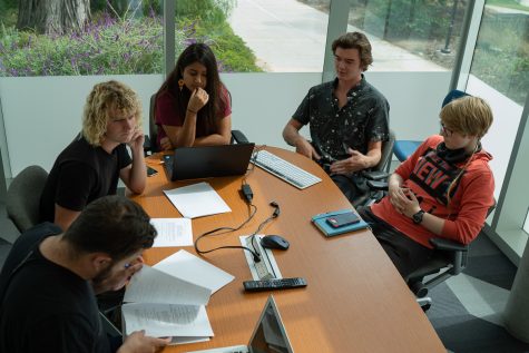 City College film students meet to discuss options for moving forward, since this year's Capstone class was cancelled and funding has been cut for the program, at the Humanities Building at City College in Santa Barbara, Calif., on Friday Sept. 28.