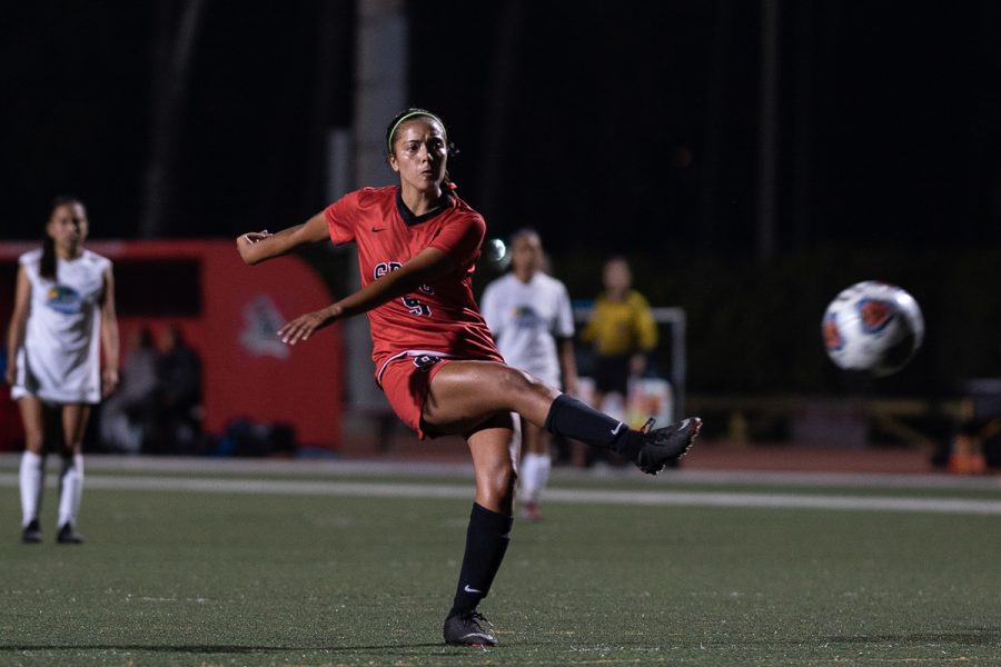 Jessica Salas scores the eighth goal for the Vaqueros during their match against Oxnard College on Friday, Oct. 26, 2018, at La Playa Stadium at City College in Santa Barbara, Calif. Salas scored the free kick from 19 yards at the top of the box.