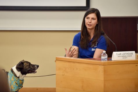 Clair Lofthouse speaks to students, with her adopted dog Jessie, during the City College Career Centers event "How I Made it Working With Animals" in Santa Barbara, Calif., on Wednesday, Oct. 3, 2018.