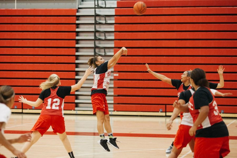 Michaela Berber shoots for three points during a team scrimmage on Tuesday, Oct. 23, 2018, in the Sports Pavilion at City College in Santa Barbara, Calif. The Vaqueros play each other during practice to simulate real games and playing under pressure.