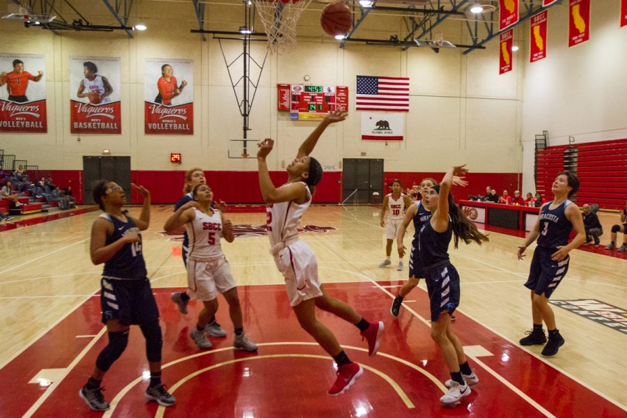 Lady Vaqueros guard Jennae Mayberry attempts a lay-up against MiraCosta College on Sunday, Nov. 11, inside the Sports Pavilion gym at City College in Santa Barbara, Calif. Mayberry missed the shot, but the Vaqueros still defeated MiraCosta College, 87-82.