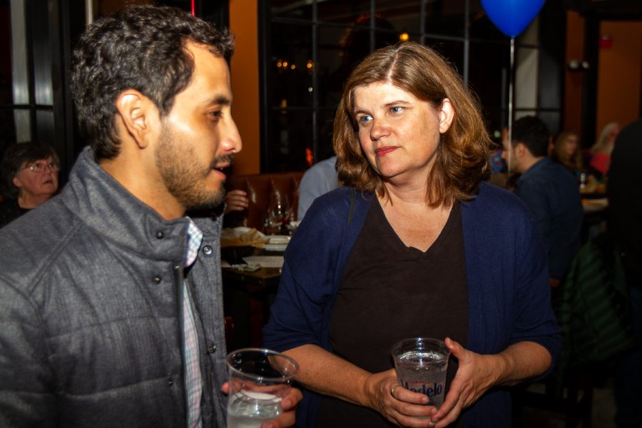 From left, Jesus Campos speaks with Kate Parker at Viva Modern Mexican on Tuesday, Nov. 6, in Santa Barbara, Calif. Parker, who was competing for a seat against Daniel Seymour and Laurie Punches as the District 7 Santa Barbara representative, won by 62 percent of the vote.