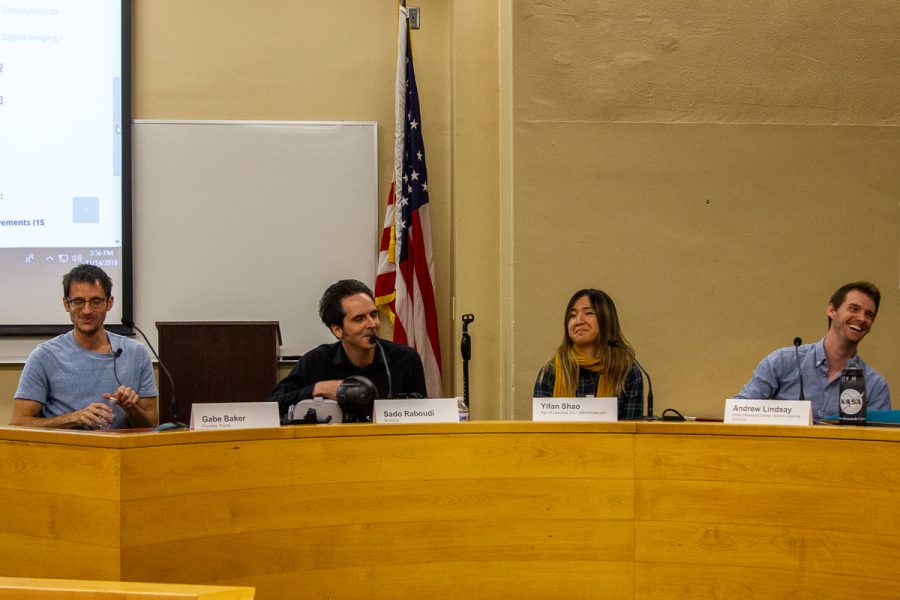 From left, Gabe Baker, Sado Raboudi, Yifan Shao, and Andrew Lindsay speak about job opportunities in the gaming world during the “How I Made It” panel held on Wednesday, Nov. 14, in the Administration Building at City College in Santa Barbara, Calif. All but Baker are alumni at City College.