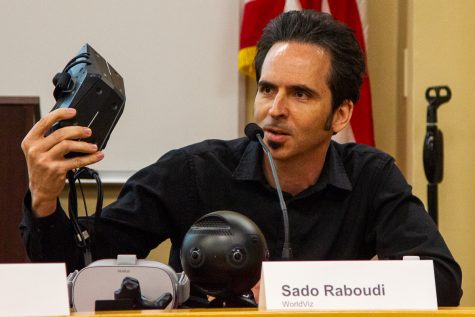 Sado Raboudi, a business development solutions architect for WorldViz, during the “How I Made It” panel about job opportunities in the gaming world on Wednesday, Nov. 14, in the Administration Building at City College in Santa Barbara, Calif. Raboudi was showing the audience a virtual reality headset and welcomed anyone to use it after the discussion.