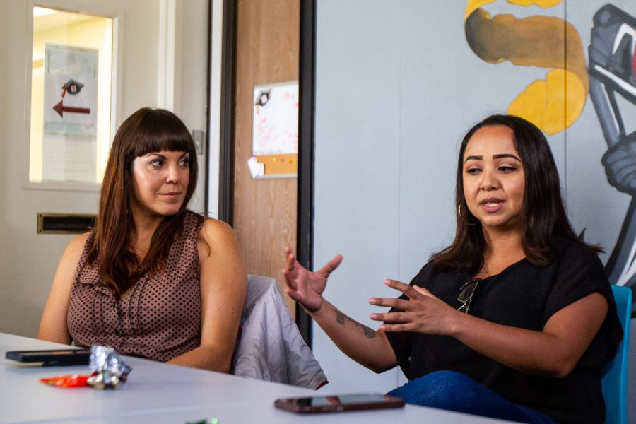 From left, Chelsea Lancaster, coordinator of Student Parents Arriving Ready for College (SPARC), and Wendy Aguilera speak about what resources they would like to see on campus in the ESL building on Wednesday, Nov. 7, at City College in Santa Barbara, Calif. Although student parents do have resources available to them, events such as field trips and study abroad trips aren’t realistically possible for them.