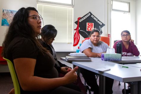 From left, student parents Maira Martinez, Jennifer Oropeza, Hannah Love, and Andrea Real discuss the difficulties they face with the resources provided on campus on Wednesday, Nov. 7, in the ESL building at City College in Santa Barbara, Calif.