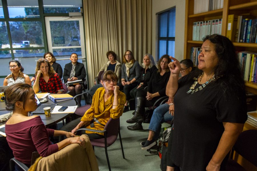 Annette Cordero (right) speaks during the Academic Senate meeting held on Wednesday, Nov. 28, at the Business Communications Center at City College in Santa Barbara, Calif. Cordero is an Assistant Professor at City College and has been affiliated with the college since she graduated high school.