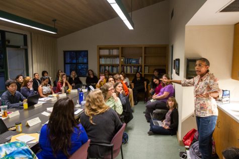 Paige Miller (right), a part-time biology instructor at City College, speaks during the Academic Senate meeting held on Wednesday, Nov. 28, at the Business Communications Center at City College in Santa Barbara, Calif. Miller has taught at City College for 11 years.