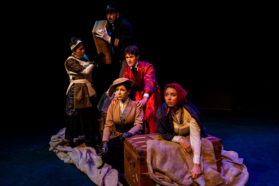 Mimi Vörösmarthy, Manuel Davila, Johnny Waaler, Lidia Dragone, and Hannah Brudney in the SBCC Theatre Arts Department’s student showcase production of THE LAST LIFEBOAT by Luke Yankee. November 7-17, 2018, Jurkowitz Theatre, SBCC West Campus. Photo credit: Ben Crop