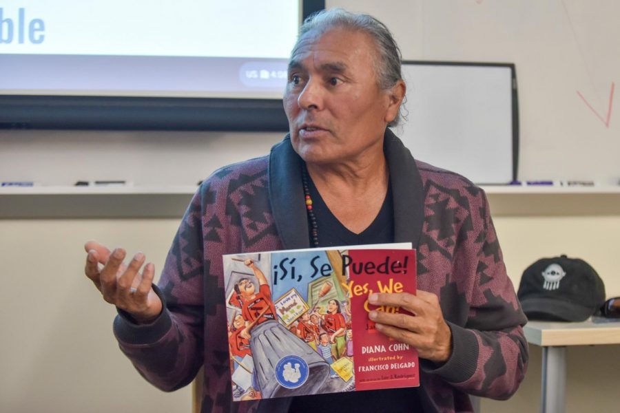 Marcus Lopez Sr. talks to students during the “A Conversation with Exploring Indigenous Self-Determination and its Impact” event on Tuesday, Nov. 13, 2018, at the West Campus Center at City College in Santa Barbara, Calif. Lopez, a former City College student, spent much of his life fighting for equality.