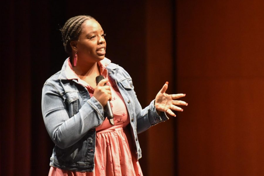 Patrisse Cullors speaks about her role in the Black Lives Matter movement at the 28th annual Leonardo Dotantes Memorial Lecture on Thursday, Nov. 15, at City College in Santa Barbara Calif. Cullors started the hashtag #BlackLivesMatter and has been an outspoken activist for racial equality.