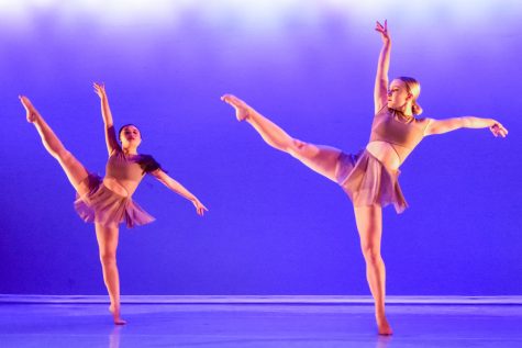 From left, Audrey Zuck and Frankie Harman from Santa Barbara Dance Arts perform the piece “Everest” at the third annual Collective Collaborative festival on Friday, Nov. 9, at the New Vic Theatre in Santa Barbara, Calif.