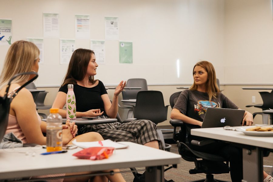 From left, Mirjam Maier speaks to Yvann Myren about female equality during the first meeting of the Women’s Empowerment Club on Thursday, Nov. 15, 2018, in the West Campus Center at City College in Santa Barbara, Calif. Myren, a 20-year-old Cty College student born in Norway, is the president of the Women’s Empowerment Club.