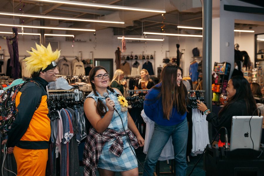 From left, Ezekiel Haigh, Mackenzie Minicucci, Katheryn Walk, and Hau Nani sing karaoke at the annual Halloween Spooktacular event on Wednesday, Oct. 31, 2018, in the Campus Bookstore at City College in Santa Barbara, Calif. Students sang songs like “Thriller,” “Monster Mash,” and “Psycho Killer” at the event.