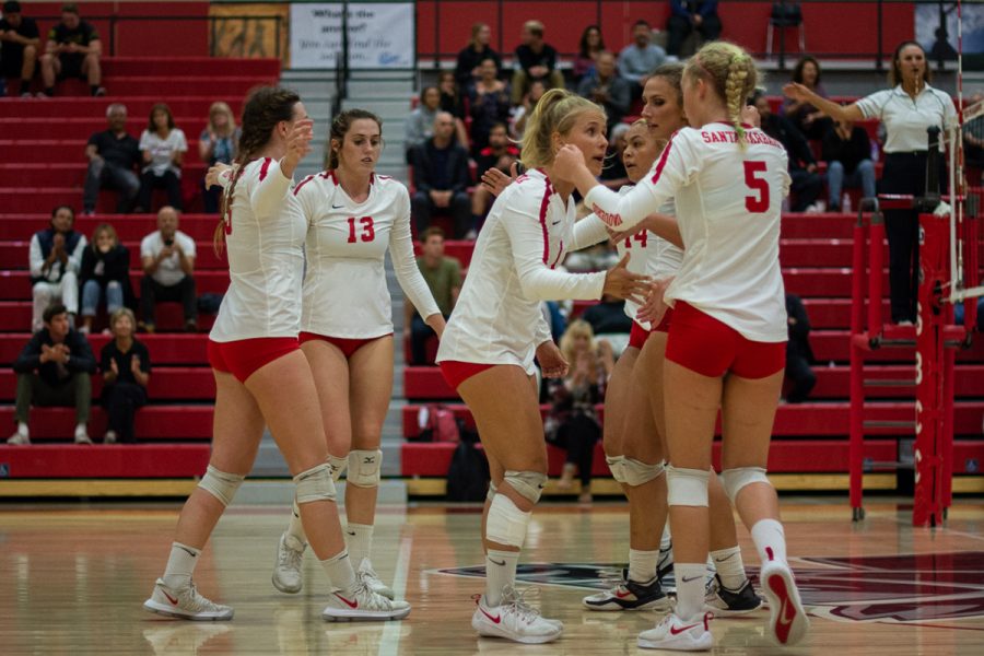 Lexi Michaelson (No. 1) keeps Danielle Hewitt (No. 5) and the rest of the Lady Vaqueros in check following a missed block that was not recovered, putting the Lady Vaqueros within one point of losing the game on Wednesday evening on Nov. 7, 2018, at the Sports Pavilion at Santa Barbara City College in Santa Barbara, Calif. The Lady Vaqueros did not give up regardless of the six point deficit in the first set, a five point deficit in the second set, and coming up short in the third.