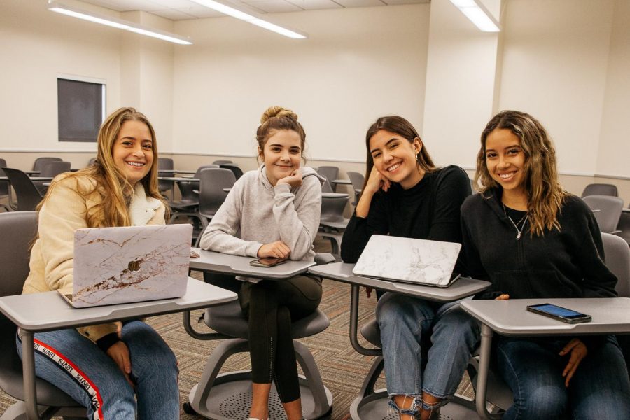 From left, Social Media Club Board Members Florentina Lang, Olivia Clark, Gabriela Donatti, and Jasmine Brewster pose on Tuesday, Dec. 6, in the West Campus Center at City College in Santa Barbara, Calif. The club intends to teach students about using social media as a marketing tool.