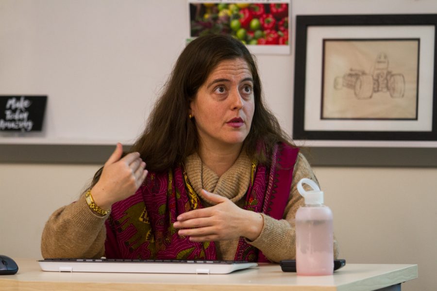 Political Science Instructor speaks during the “How Tech Companies Are Making Money From Government Surveillance” discussion on Tuesday, Feb. 26, 2019, at the West Campus Center at City College in Santa Barbara, Calif. One of the things she talked about was Amazon Rekognition, a tool that analyzes images and recognizes faces, objects, and scenes.